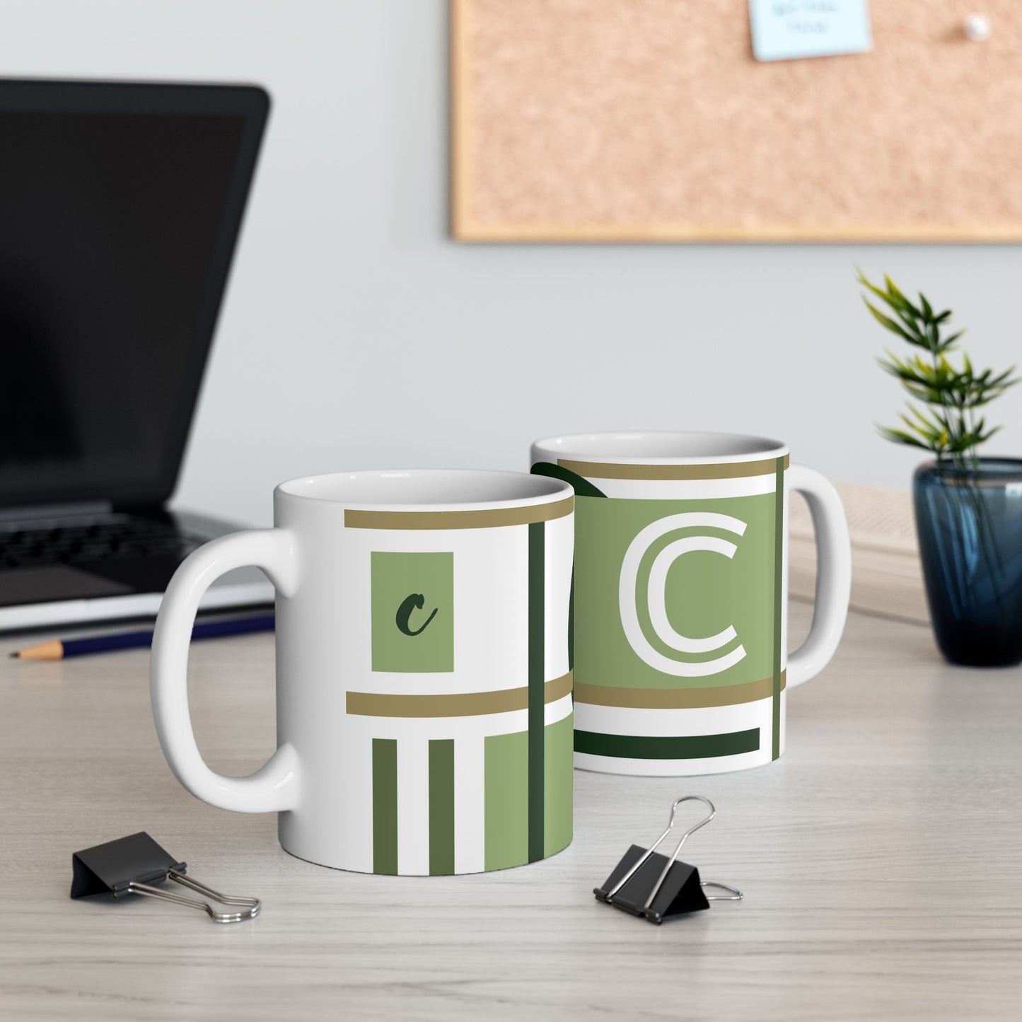 "C" Architectural Grid – Sage & Forest Geometric Monogram Mug | 11 oz Mug