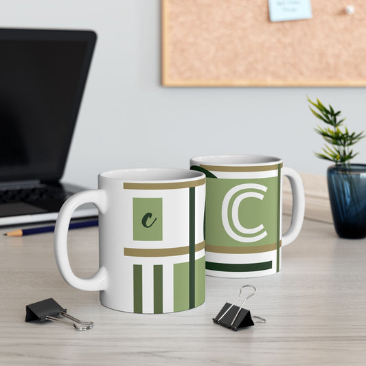 "C" Architectural Grid – Sage & Forest Geometric Monogram Mug | 11 oz Mug