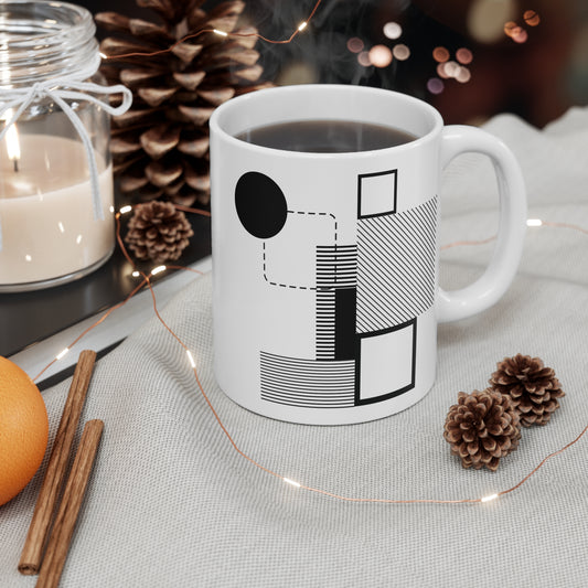 Black & White Geometric Mug | 11oz Ceramic Coffee Mug | Modern Abstract Architecture-Inspired Design
