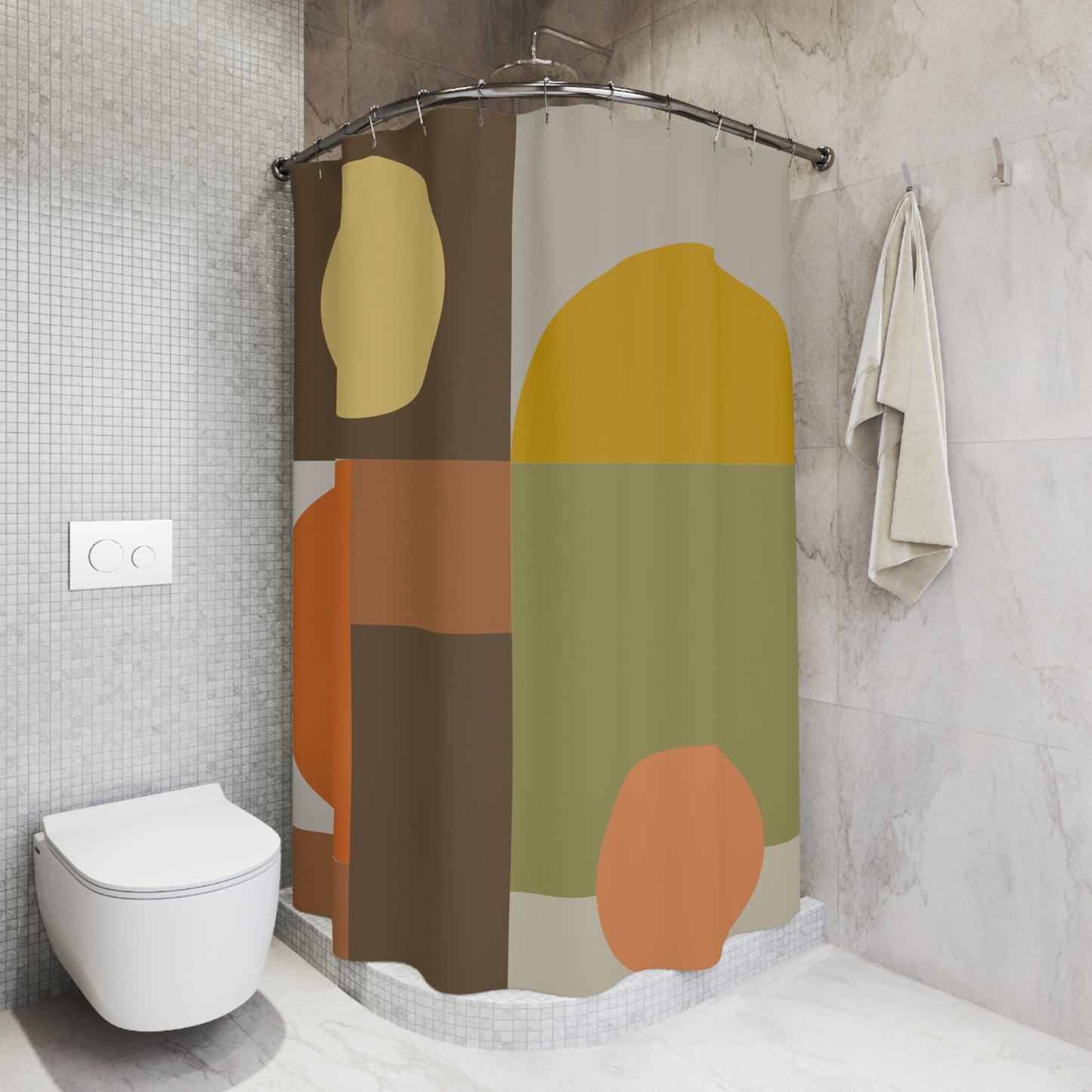 Mid-Century Modern Geometric Shower Curtain | Earth Tones Circles & Squares Art