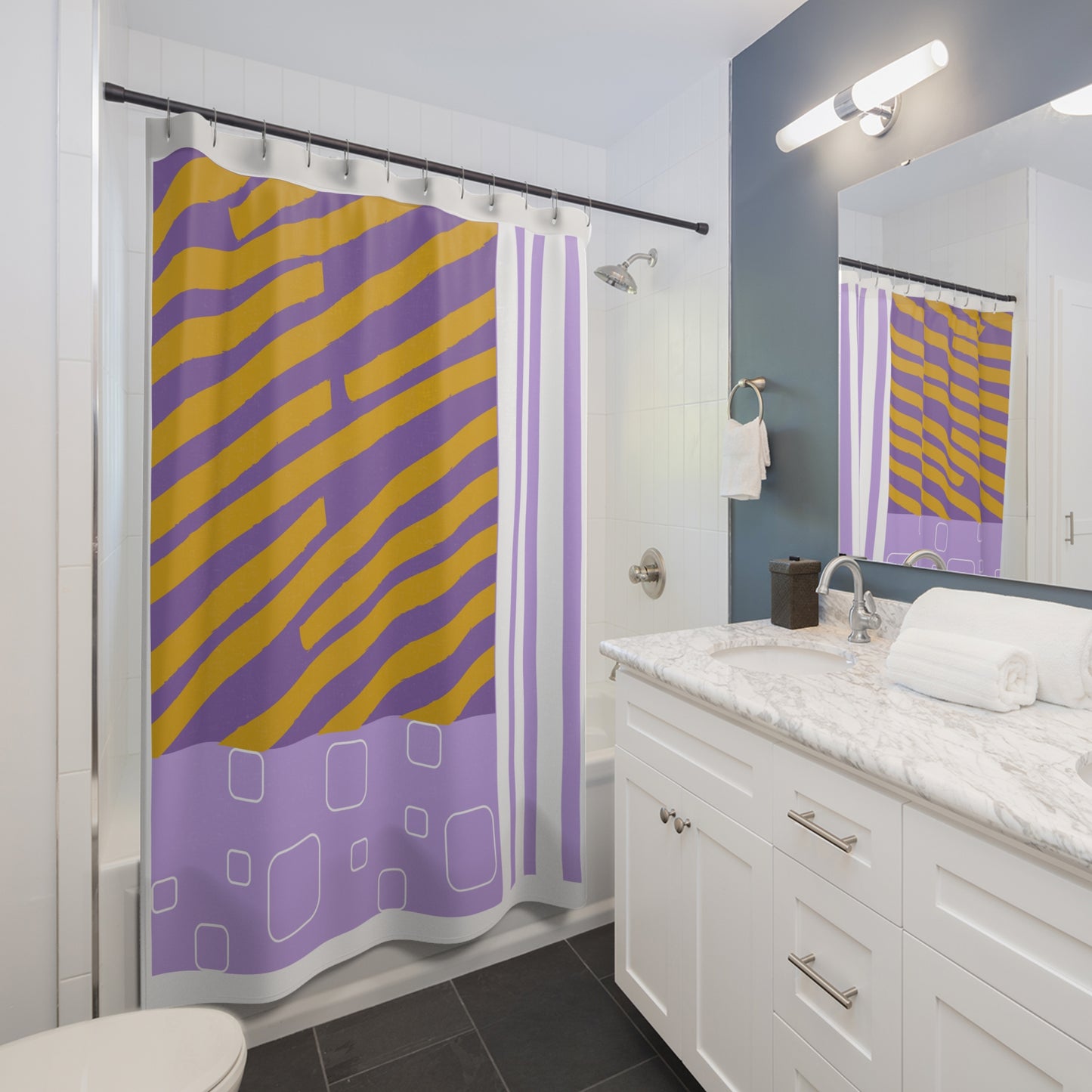 Purple + Mustard Geometric Shower Curtain – Abstract Modern Pop Design