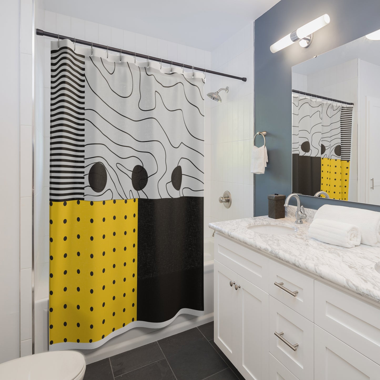 Modern Memphis-Style Shower Curtain – Yellow, Gray & Black Graphic Blocks