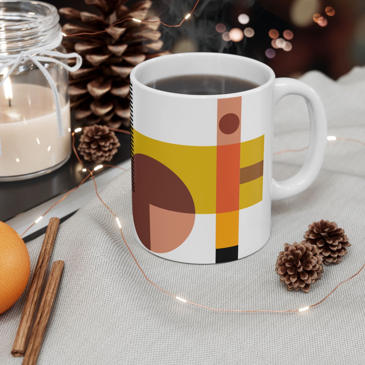 Bauhaus Stripe Abstract Coffee Mug | Terracotta & Gold Geometric Kitchenware | Modern Art Mug | 11 oz Mug